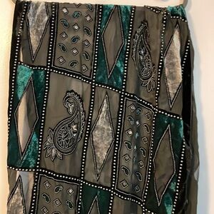 Paisley Geometric Semi Sheer Velvet Fringe Black Aqua Silver Scarf